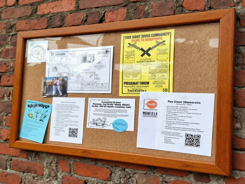 Community bulletin board with DIY workshop flyers and QR codes