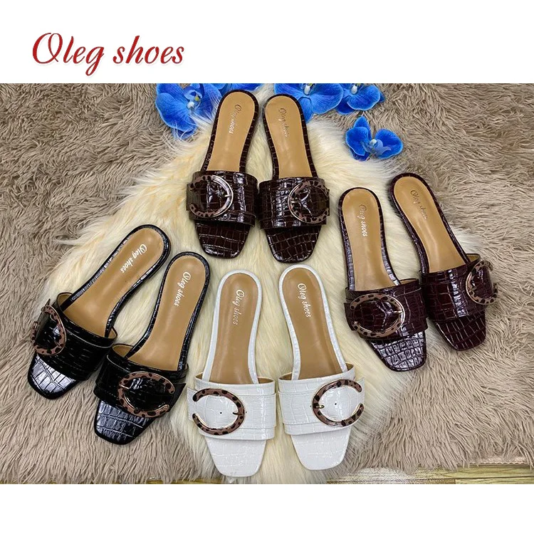 

Customized Cheap 2020 Fashion Hot Summer Open Toe Stone Pattern Metal Buckle Square Head Wild Women Sandals and Slippers, Black,maroon,white,brown