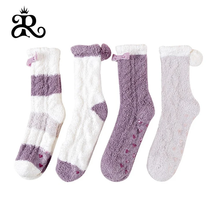 

Woman Anti-Slip Fluffy Fuzzy Slipper Socks With Grips Christmas Cute Stripe Warm Winter Crew Floor socks, Blue,pink,white,purple,gray