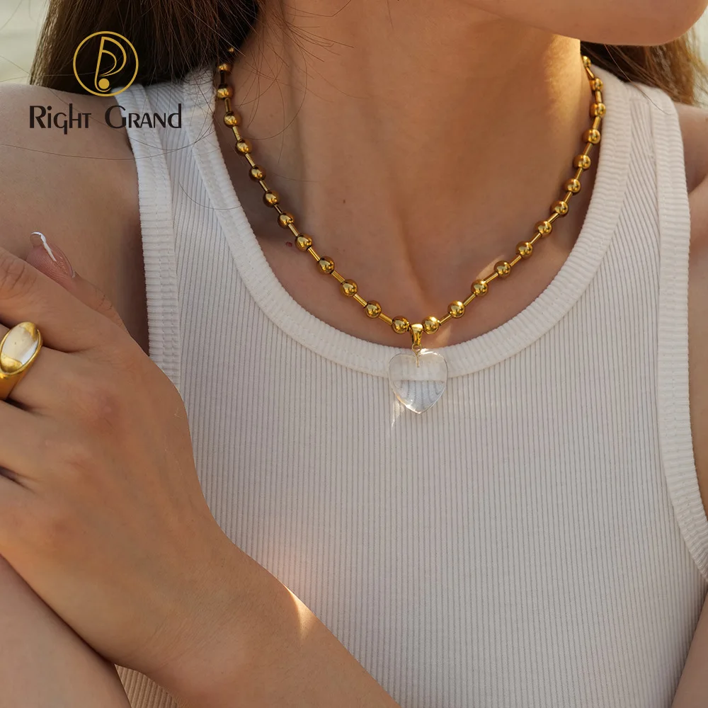 

Waterproof 18K Gold Plated Stainless Steel Beads Fashion Jewelry Transparent Stone Heart Necklace