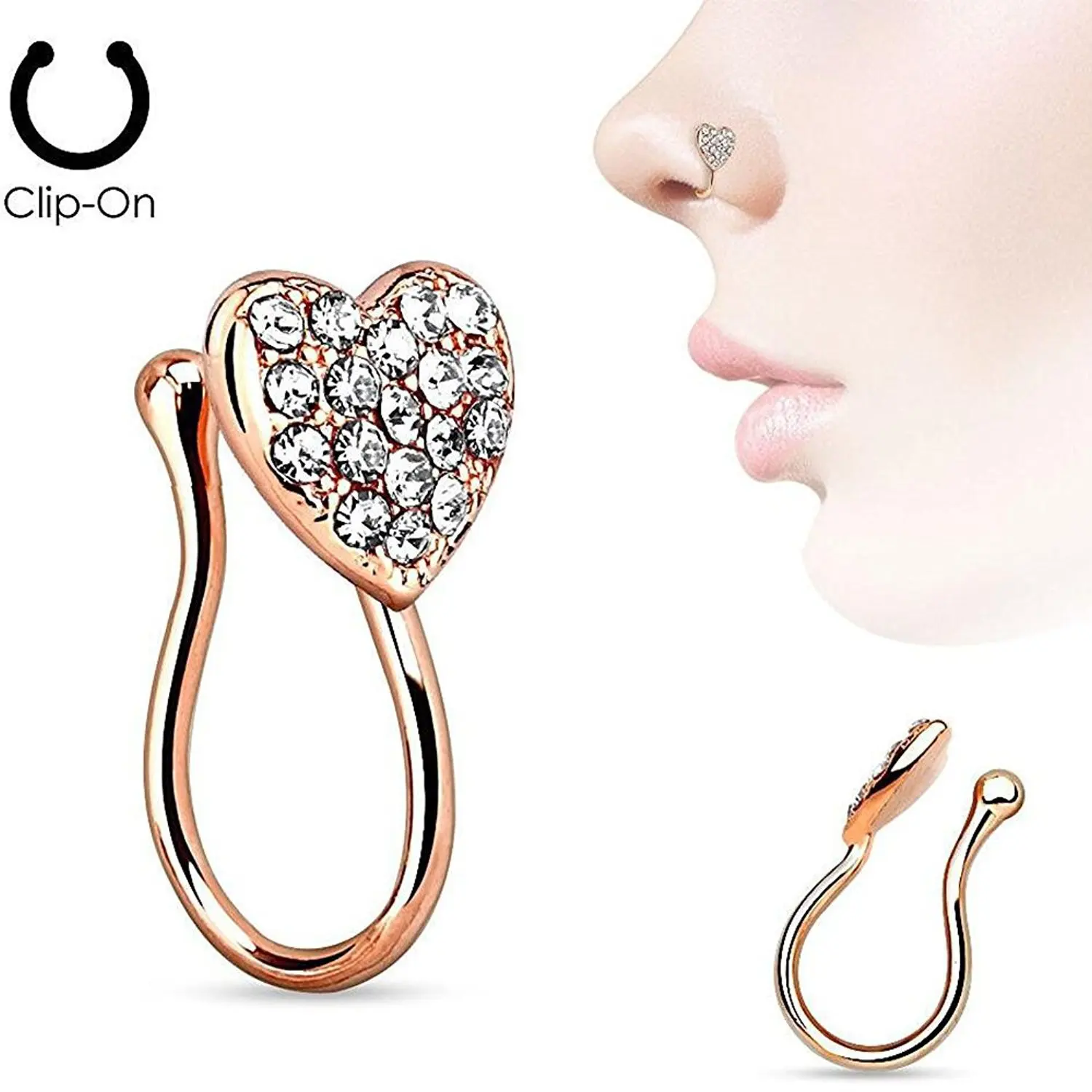 

New Wholesale Stainless Steel Heart Zircon Face Clip On Non Piercing Woman Fake Nose Ring, Silver;gold;rose gold