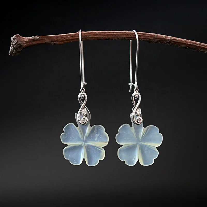 

Wholesale Gemstone Earrings Long Dangle Drop 925 Sterling Silver Flower Earrings Nephrite Jade Earrings For Women, 13.1g