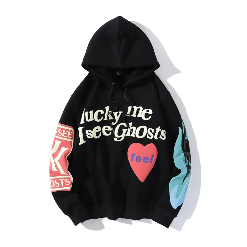 

Kanye West Hoodies Lucky me i see ghosts Hoodie Red Heart Feel Logo Sweatshirts Kids see ghosts Pullover Men Women Foam print 3D