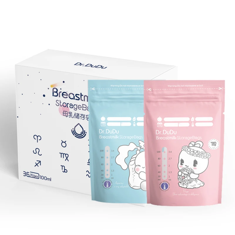 

100ml new arrival twelve consetellations design breast milk storage bags with temperature sensor, Pink and blue