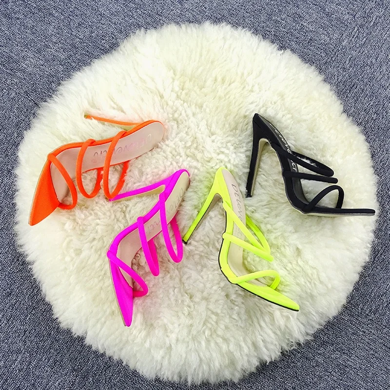 

601 DEleventh Women Shoes Summer Sandals Pointed Open Toe Sexy High Heels Slip-on Sandals Plus Size high Heels custom heels, Black orange rose green
