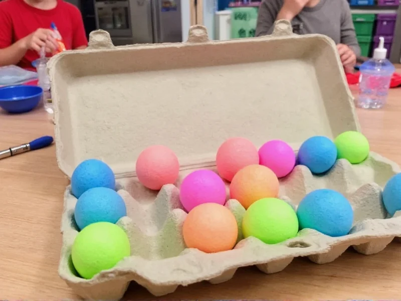 Crafting workstation with foam balls secured in egg carton