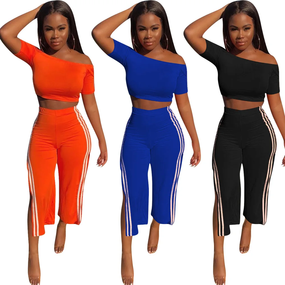 

KG2576 Women Fashion Casual Orange Crop Top And Slit Pants Two Piece Set