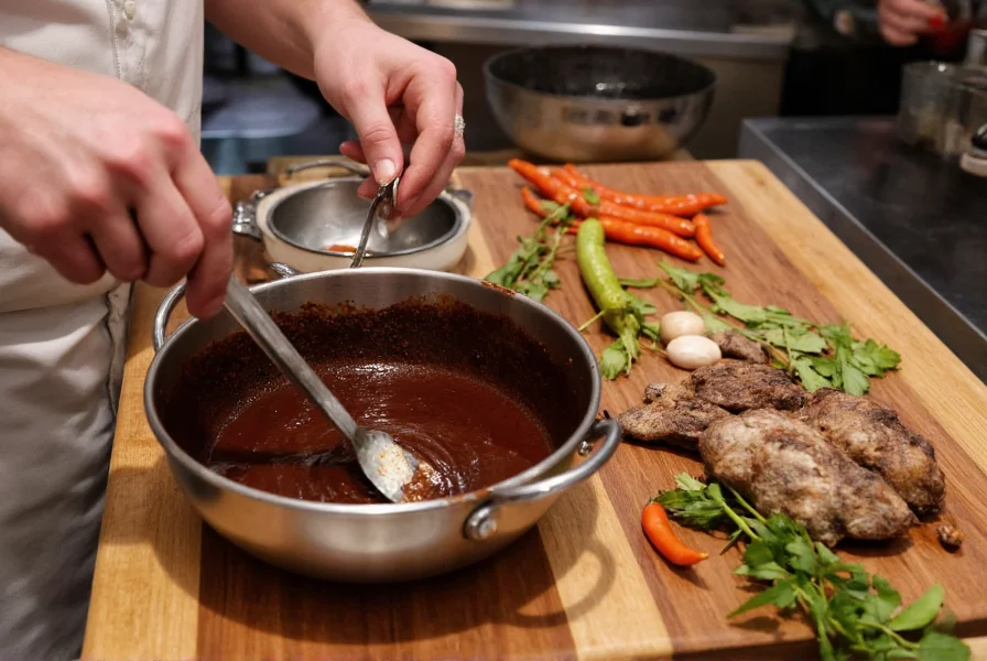 Chef preparing traditional Mexican mole sauce with roasted buena mulata peppers and other ingredients