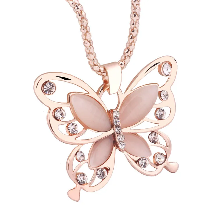 

Fashion Rose Gold Opal Butterfly Pendant Necklace Sweater Chain Long Necklaces For Women Girls Jewelry