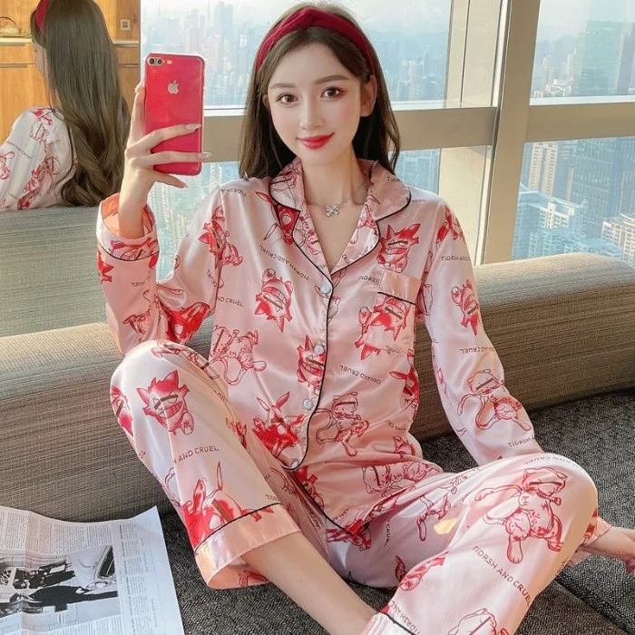 

sfy-y428 Women Pajamas Set New Sleepwear Cartoon Pijamas Printed Pyjamas Women Long Sleeve Cute Pijama Mujer, White,pink