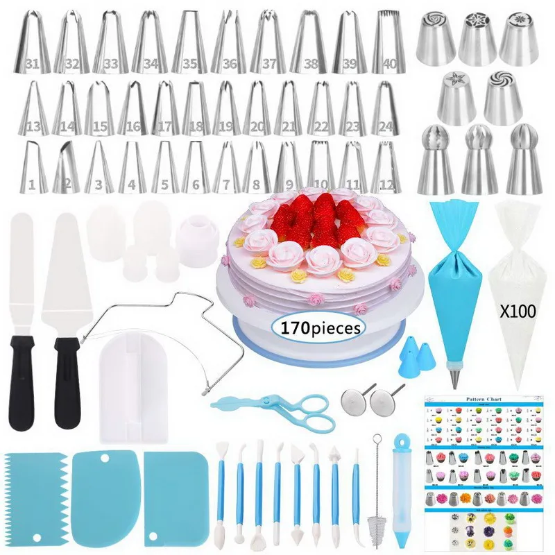 

170 pcs cake turntable set non-slip turn table decorating nozzle baking cake tools, As picture