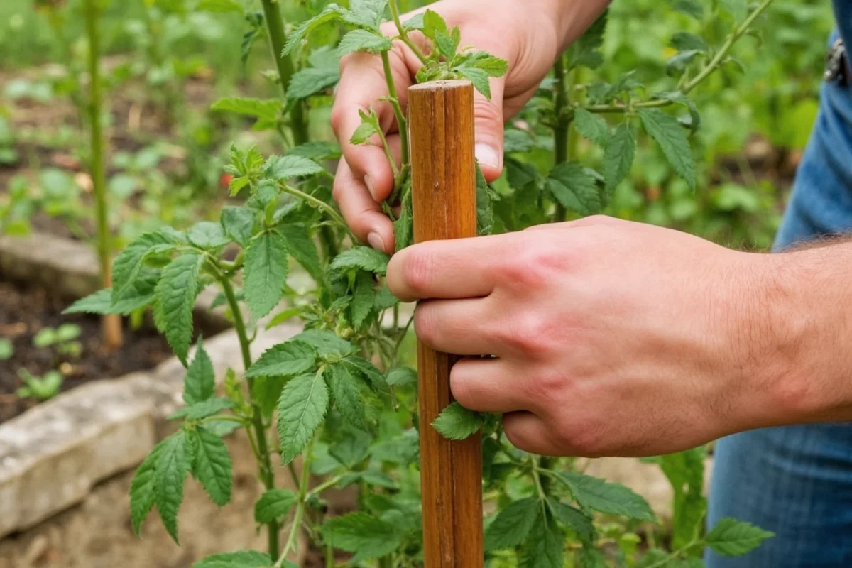 how to tie tomato plant to stake