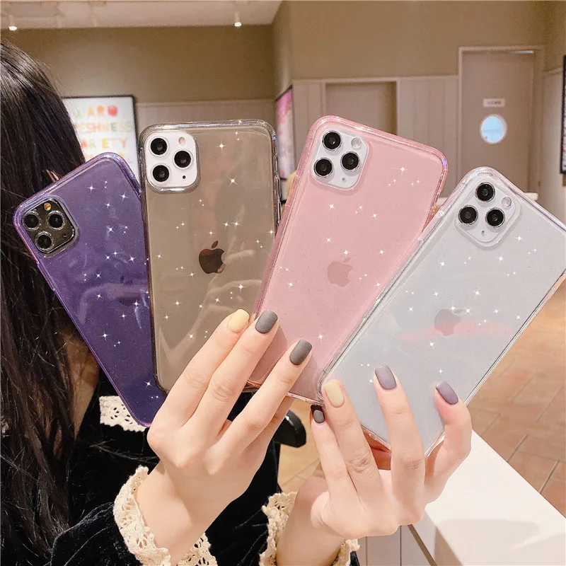 

Amazon Hot Selling Ultra Thin Slim Transparent Back Cover Glitter Mobile Phone Case for iPhone x xr xs max TPU Clear Case, Black, white, purple, pink