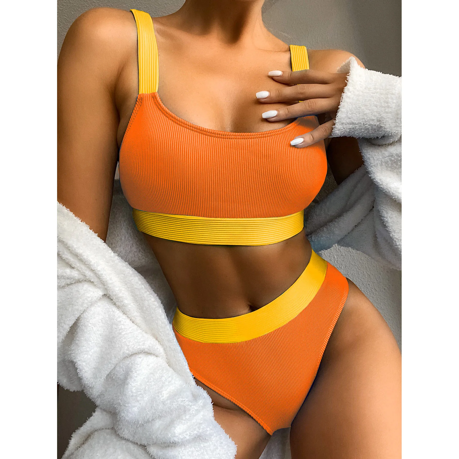 

Female Ribbed Swimsuit Women Swimwear Two-pieces Bikini Set Bather High Waist Bathing Suit