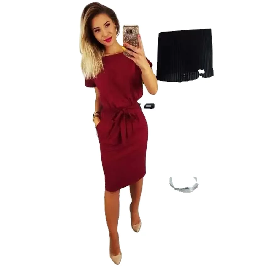 

Women's Basic Round Necktie Belt Belt Office Dress with Pockets Pure Color Short Sleeve Party Slim Dress