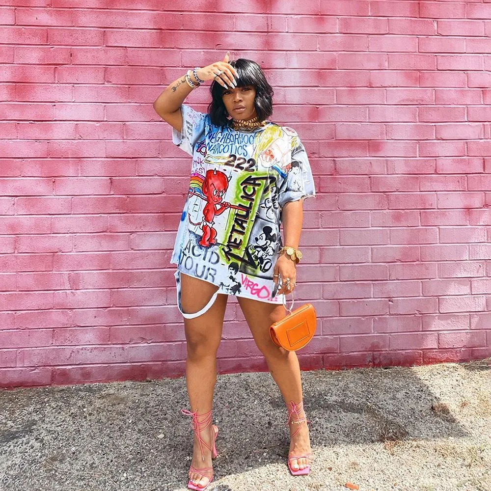 

2021 summer fashion high street graffiti t shirt dress women plus size t-shirts short sleeve oversized tshirt casual style, 1 colors as picture
