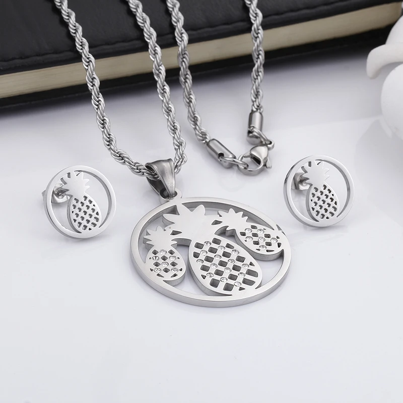 

Hip hop fashion steel pineapple set silver plated stainless steel chain necklace