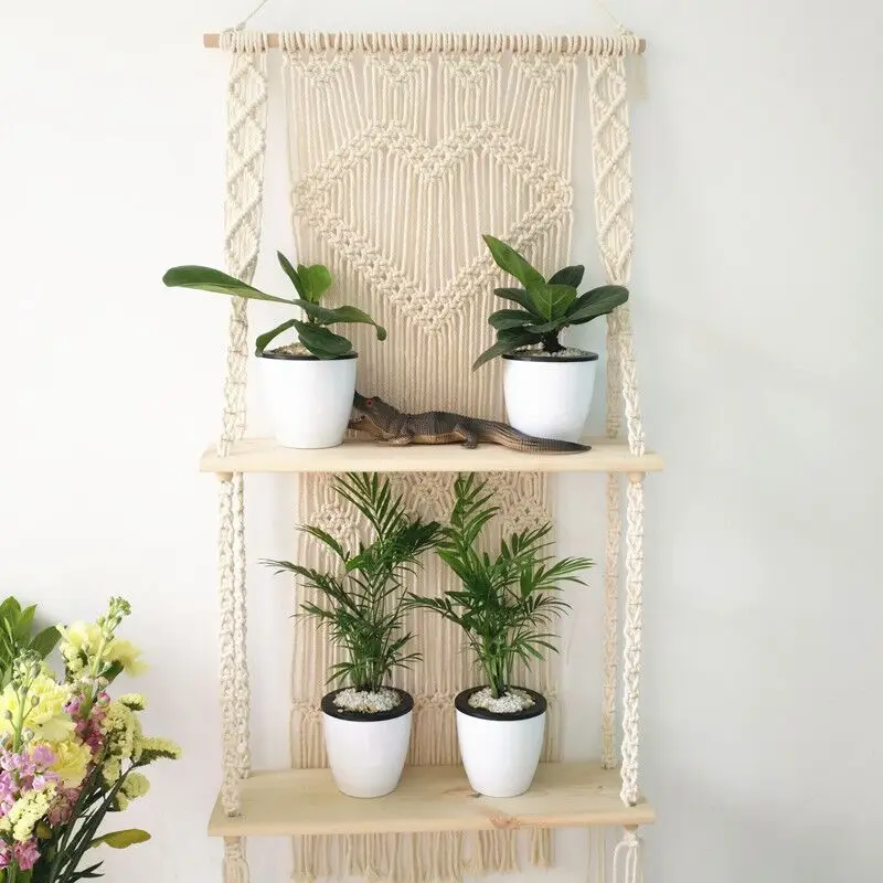 

Woven Macrame Plant Hanger Rope Pot Hanging Holder with Double Wooden Shelf Wall Hanging Decor, Beige