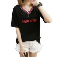 

Wholesale Korean women's summer new short-sleeved T-shirt loose casual letter embroidery V-neck top Black
