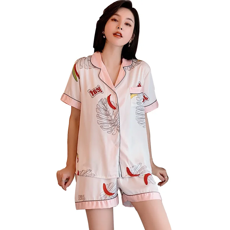 

Hot Woman Sleepwear Silk Two Piece Nightwear Chemise Femme Cami Short Pajamas Set, Various floral designs