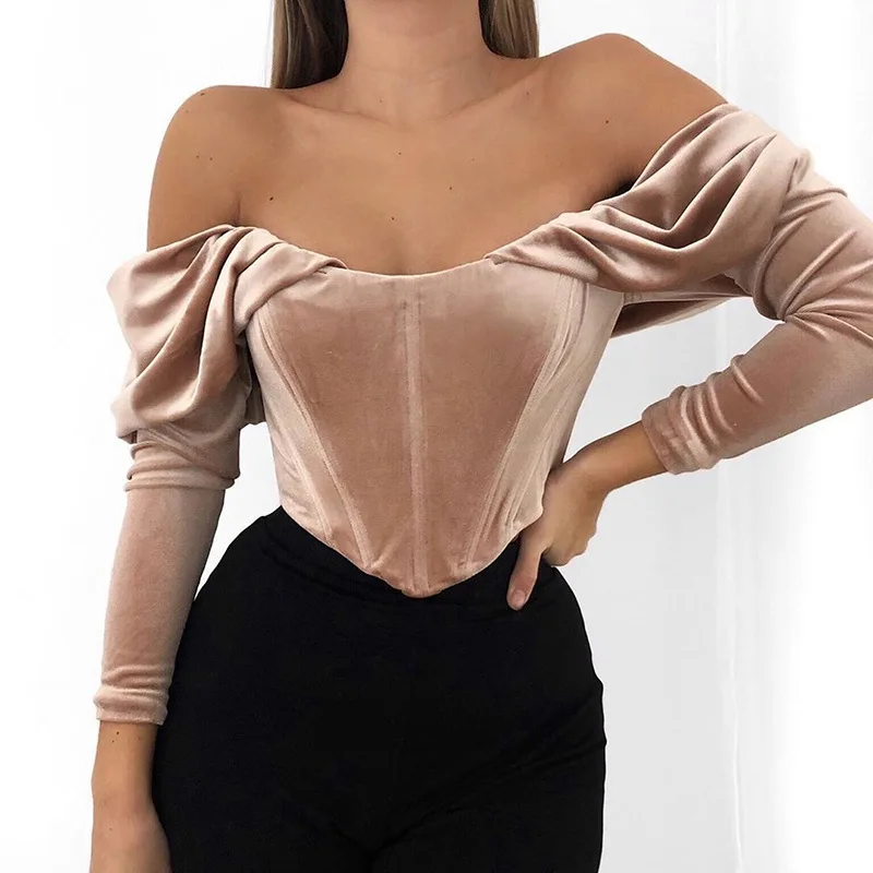 velvet milkmaid crop top  Nigh Club Velour Off The Shoulder Ruffle Slim Fit Crop Tube Tops
