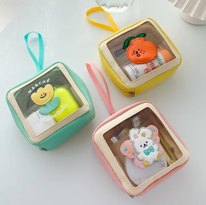 

Polyester Clear Pvc Double Zipper Pocket Cartoon Cute Style Rectangle Cute Mini Cosmetic Bag with Handle