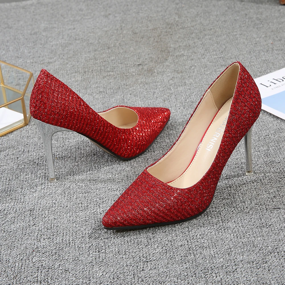 

Dropshipping pointed toe pumps wholesale sexy bling heels dress shoes high quality laides pumps, Black/yellow/orange/peach/red/white/silver/green