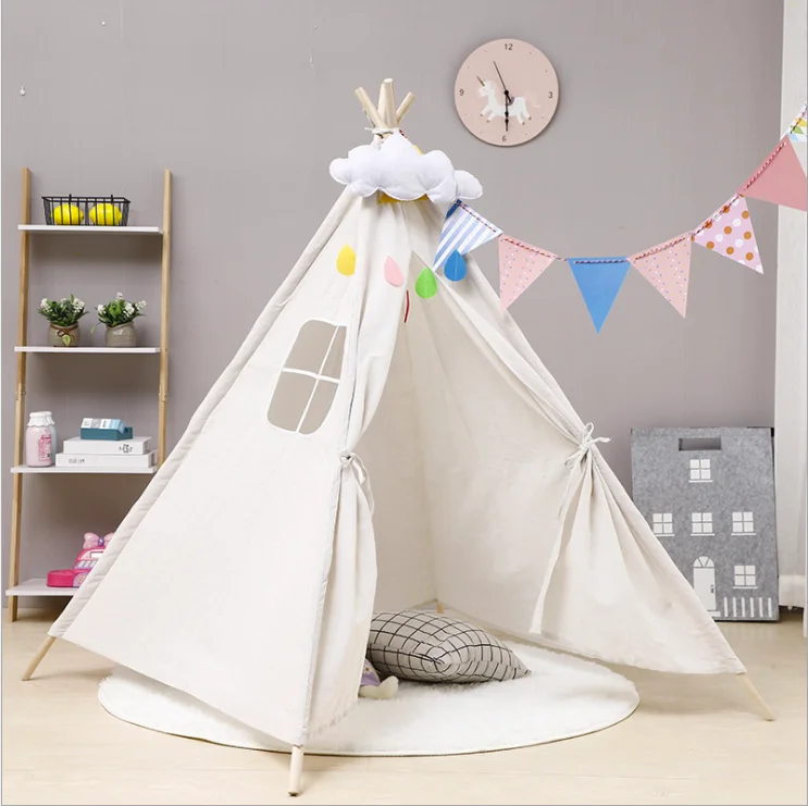 

Amazon Hot Sale Kids Foldable Canvas Playhouse Children's Indoor and Outdoor Play Teepee Toy Tent for Sale, White,pink,blue and customized