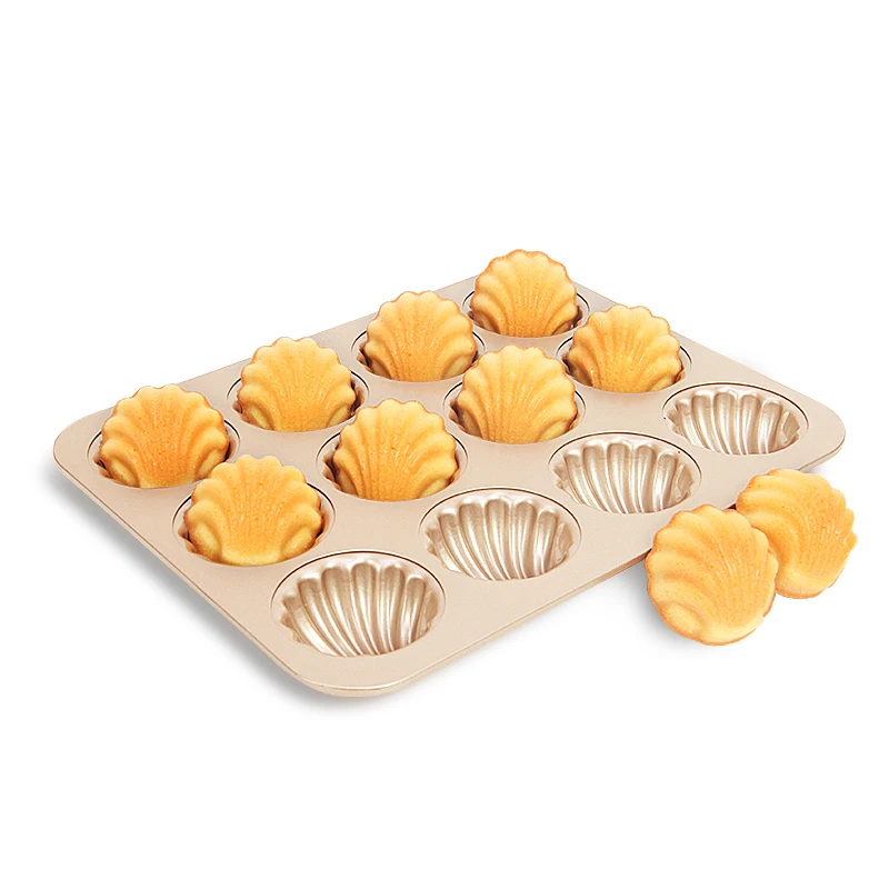 

CHEFMADE Madeleine Mold Cake Pan 12-Cavity Spherical Shell Durable Bakeware 12 Cup Non-Stick Madeleine Pan, Champagne gold