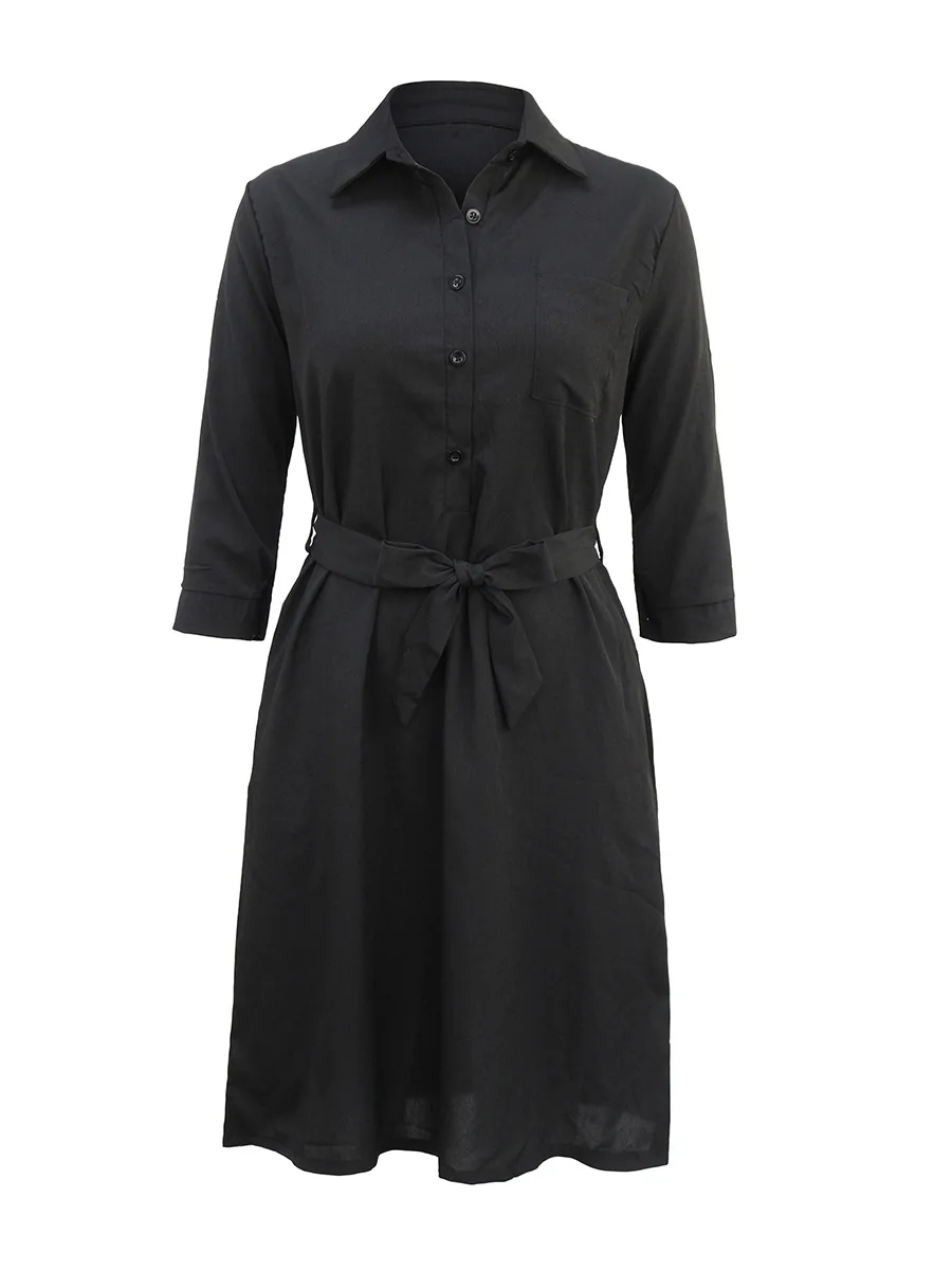 Hot Fashion Three Quarter Sleeve Colorful Belt Spring Bigger Size Women Office Design Dress