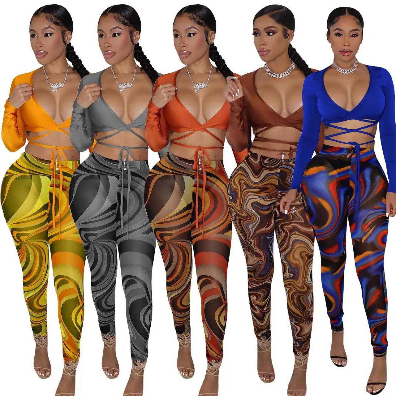 

Printed Leggings Wrap Bandage Women 2 Piece Clothing Crop Top 2 Piece Pants Set For Women 2022