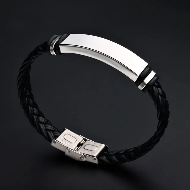 

Hot Selling Men Accessory High Finish Custom Stainless Steel Anchor Braided Black Pu Leather Bracelet For Men