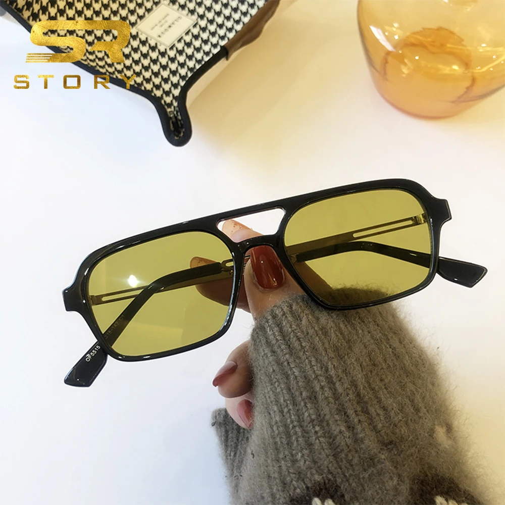 STORY W222 Retro Brand Small Square Sunglasses Women 90s Vintage Orange Blue Shades Double Beam Rectangle Sun Glasses Men