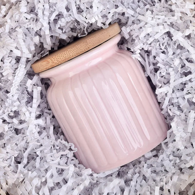 300ml Pink Ceramic Candle Jars With Bamboo Lids