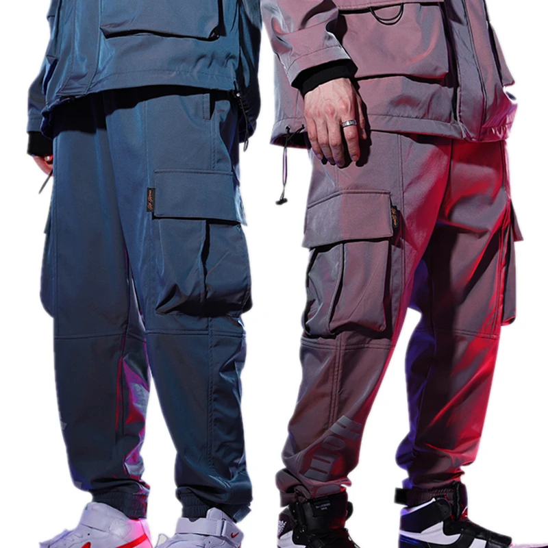 

Wholesale Unisex Hip Hop Reflection Tactical Cargo Pants Street Oversize Men Joggers Gradients Pantalon Casual Men's Trousers