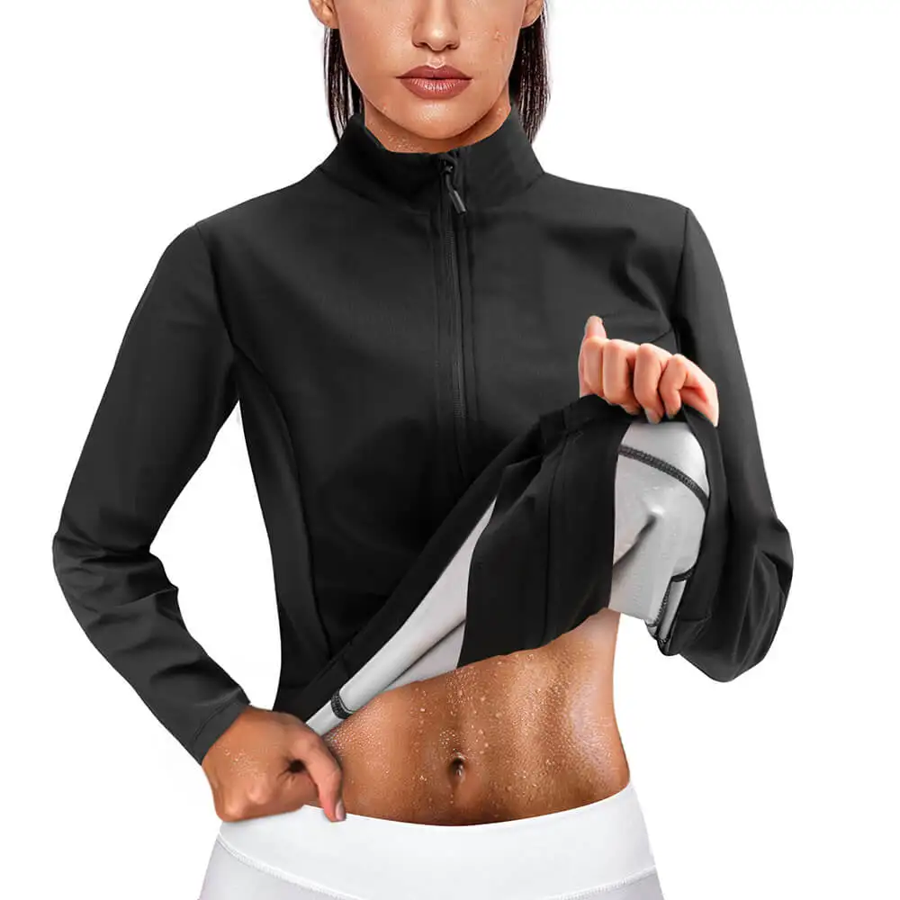 

Wholesale Women Fitness Sauna Suits Speed Up Sweating Weight Loss Fat Burn Sports Jacket for Running, Balck with silver coating