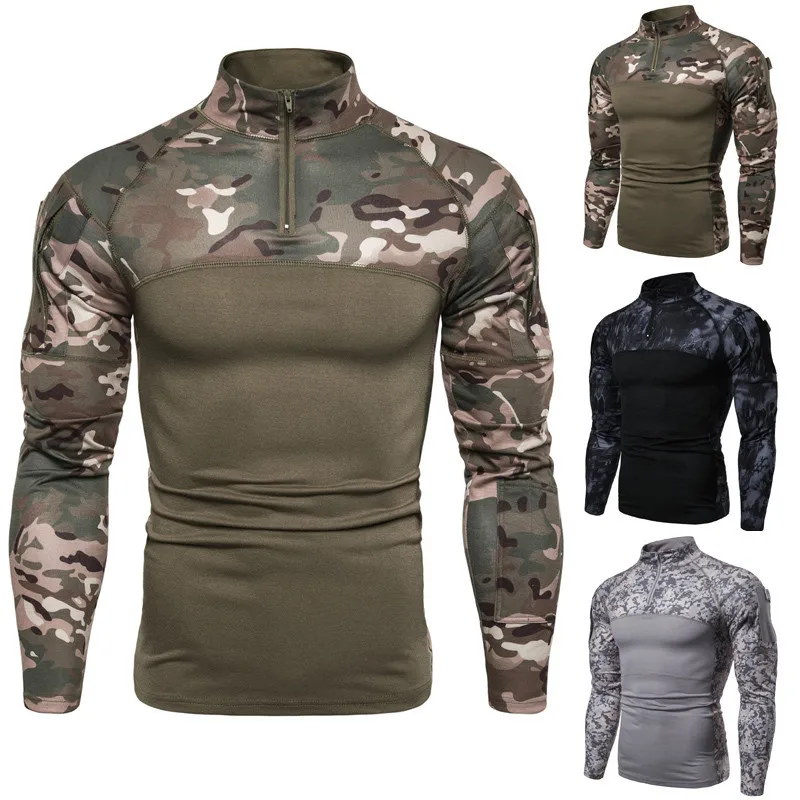 

Military field outdoor fitness camouflage patchwork long sleeve zipper collar pocket mens cotton t shirt, As picture or customized