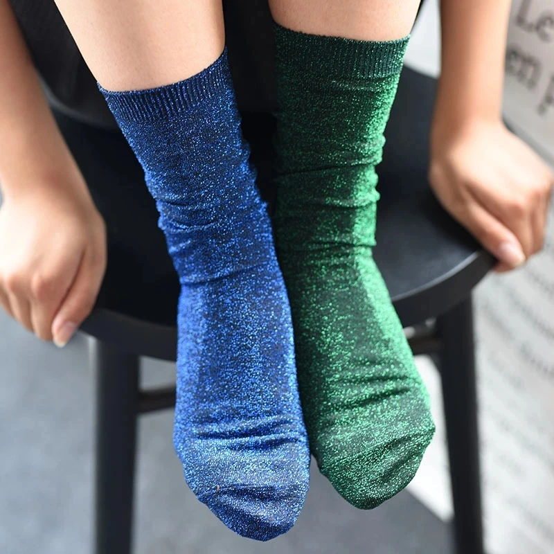 

Christmas Solid Color Shiny High Elastic Fashionable Sock Women's Style Gold Silver Silk Material Socks Glitter Tube Sox