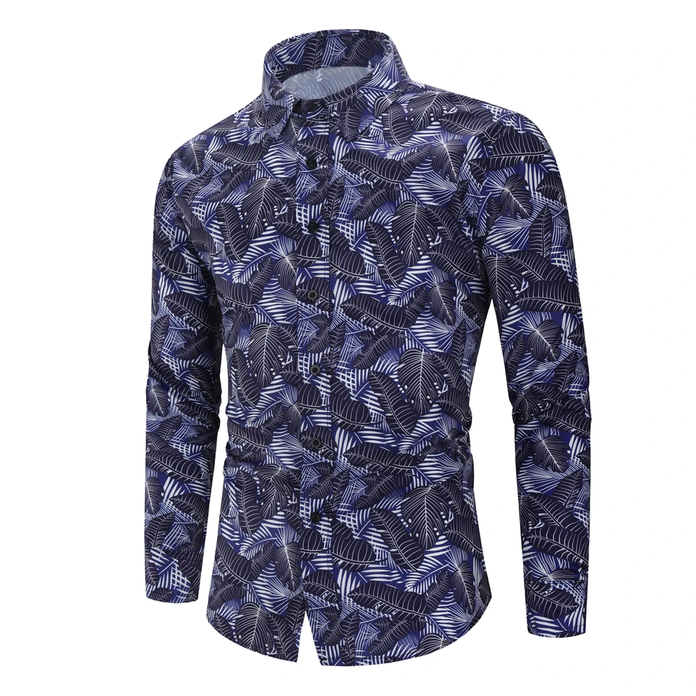 

2019 Autumn Long Sleeve Men Floral Hawaiian Shirt Navy Full Printed Shirts Classic Fit Stylish Fashion Casual Shirts For Men