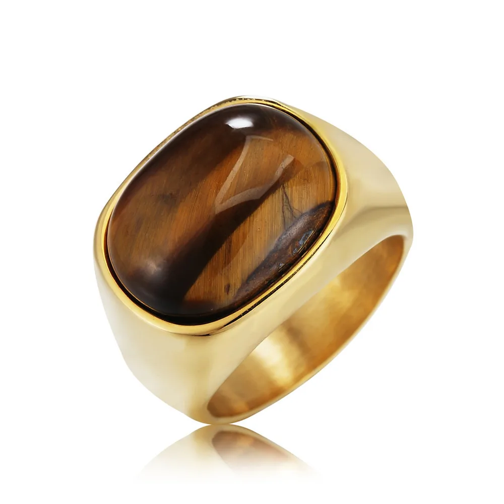 

Fashion Mens Stainless Steel Gold Rings Personality Big Tiger Eye Stone Ring for Men