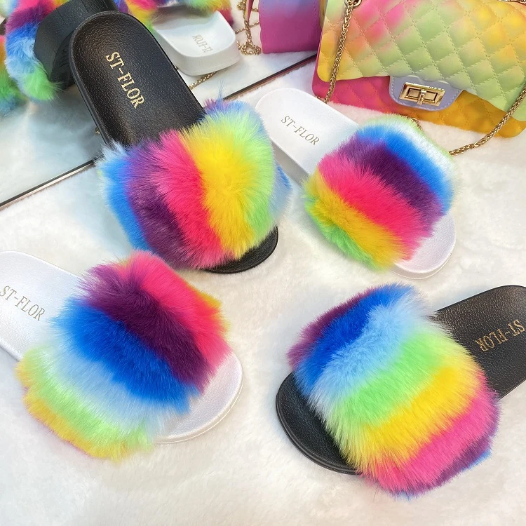 

most popular fur slides cheap designer with fox hair fur summer home pretty women and ladies summer beach sandals and slides, White,black