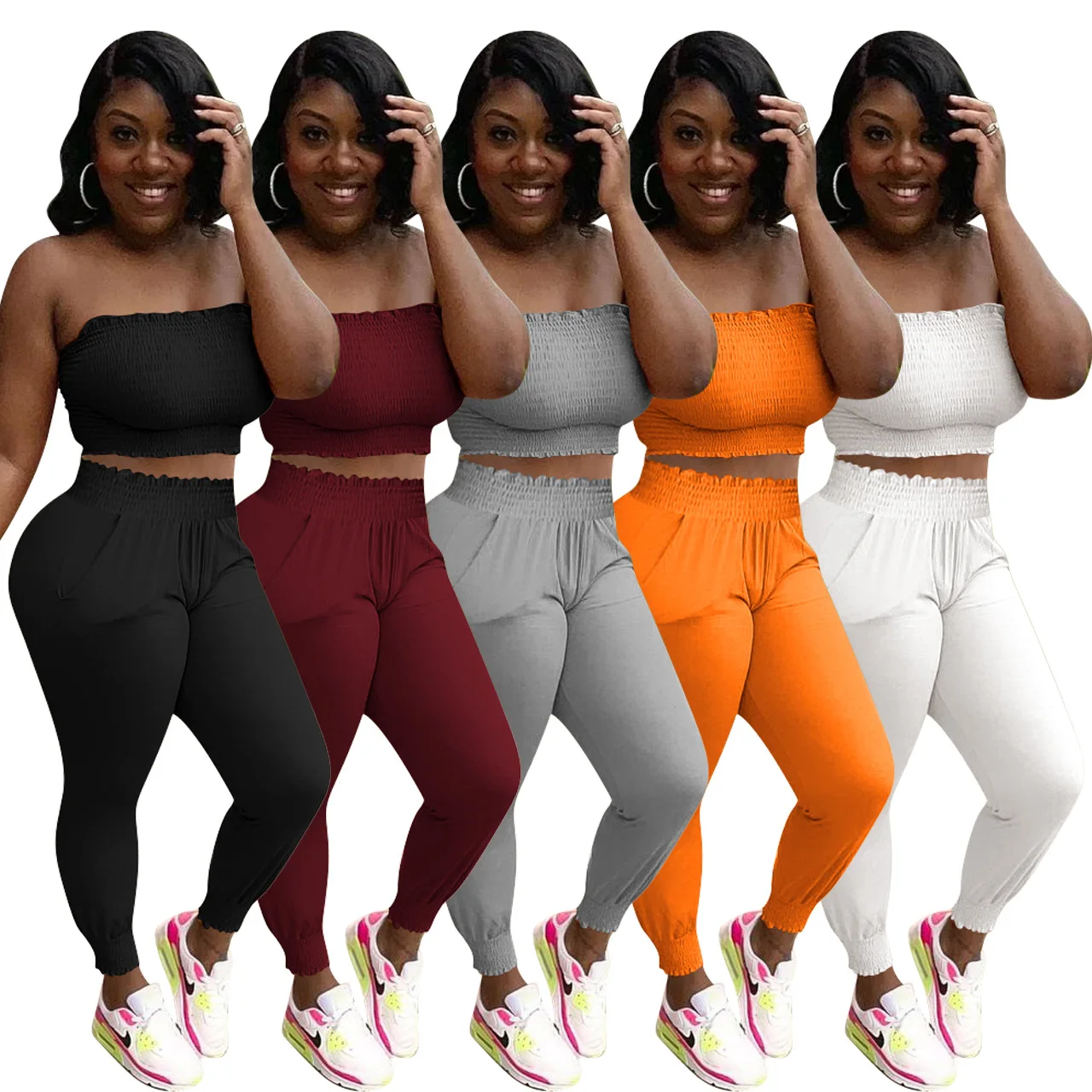 

women stretch crop top stacked pants two piece set off shoulder tube top women sports running 2 piece outfit set, Custom choose