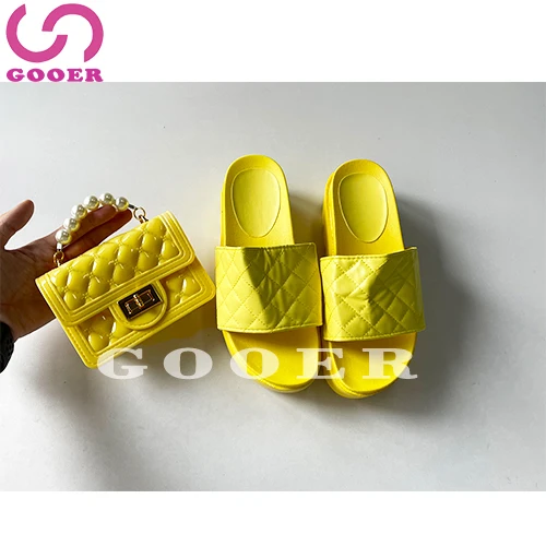 

GOOER 2021 Summer ladies elegant beach platform sandals pearl bag and shoes 2 prices set purse and slides set, Picture