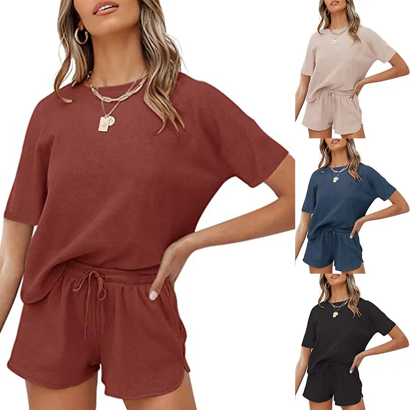 

2021 summer new round neck loose rib short sleeve home wear solid color casual two-piece pajamas set