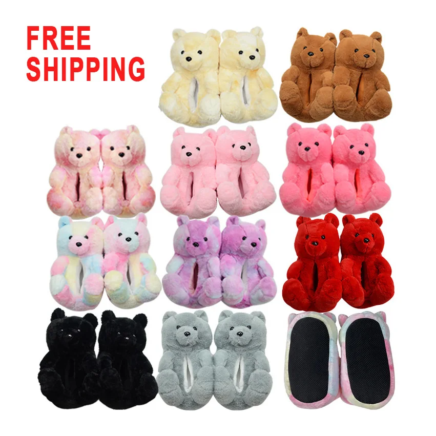 

FREE shipping  fits all animal plush fluffy furry teddie adult rainbow toddler teddy bear slippers women
