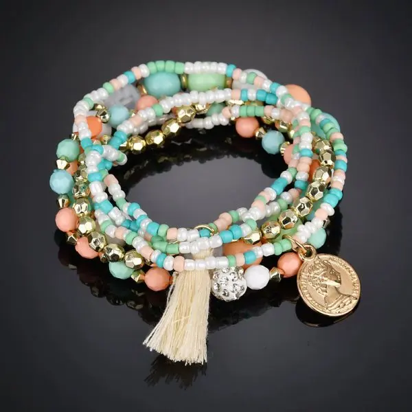 

Tassel Rice bead Multi Layers Charm Bracelets Round Beauty Head Coin Love Letter Pendant Bracelet for Women Girls Lover Gift, As shown in picture