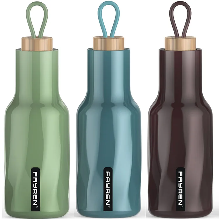 

FAYREN Vacuum Insulated Double layer Sports Water Bottle Flask with Wooden Lid, Silver