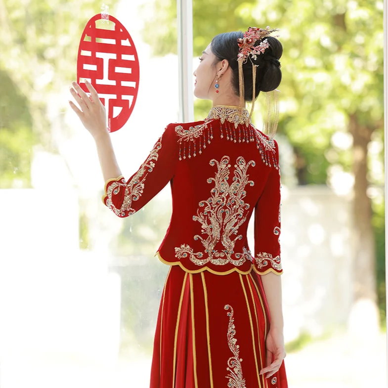 

ODELIA New Style Chinese Retro Wedding Gown Hand-embroidered Sequined Big Swing Traditional Chinese Dress Wedding