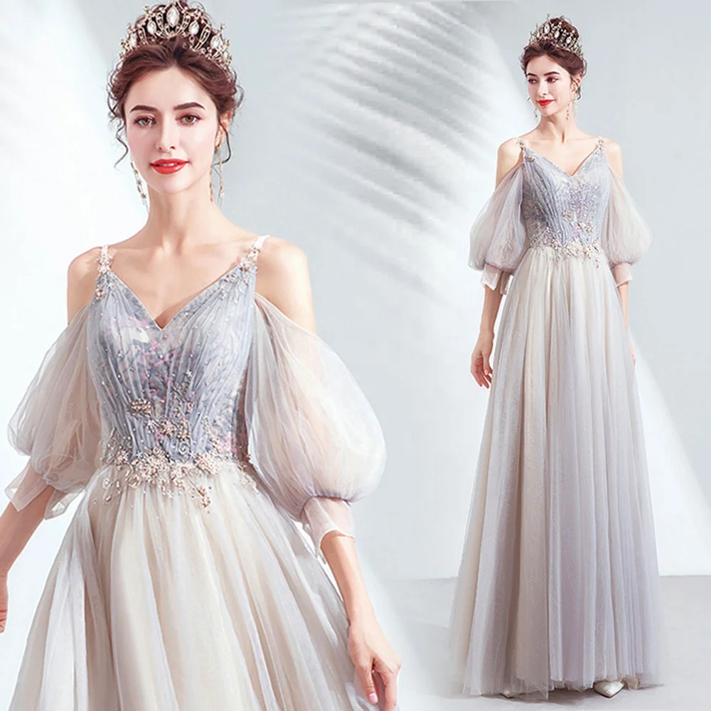 

Fashion Women's Evening Party Dress Maxi Ball Gown Dress Sequins Mesh Lantern Sleeve Strap High Waist Lace Prom Dress