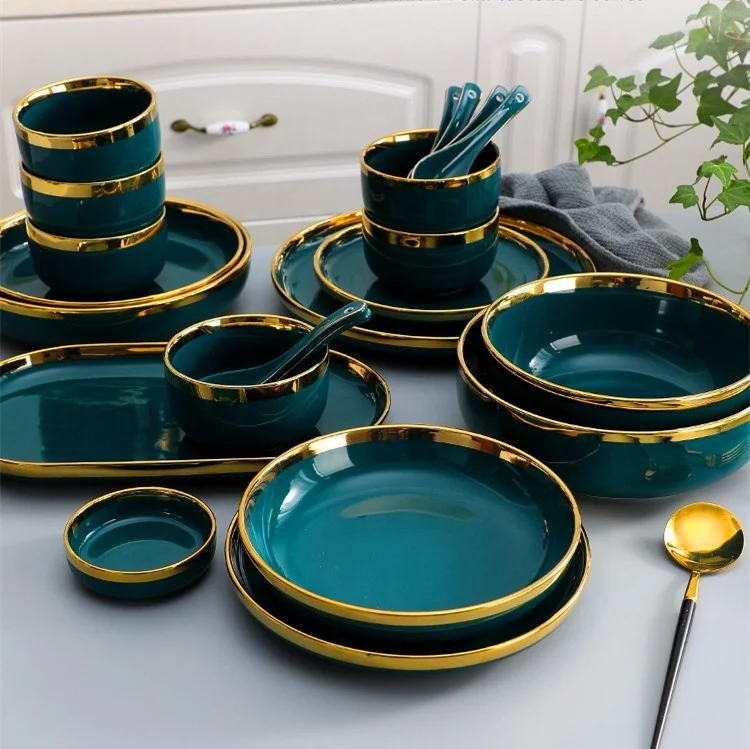

Amazon/INS Luxury Phnom Penh Ceramic Dishes and Plates Tableware Emerald Green Home Dinner Steak Plate set, Customized color